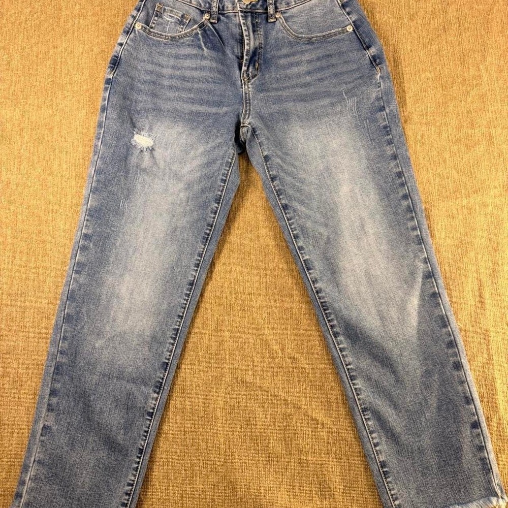 Flamingals Womens High Waisted Distressed Straight Leg Raw Hem Jeans Blue XS
